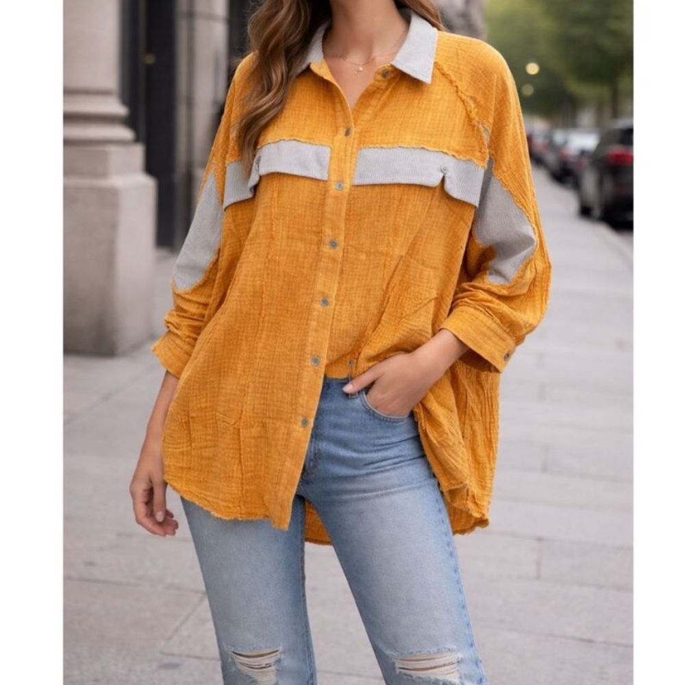 OTT NEW yellow gauzy oversized button down shirt lagenlook boho raw hem M/L